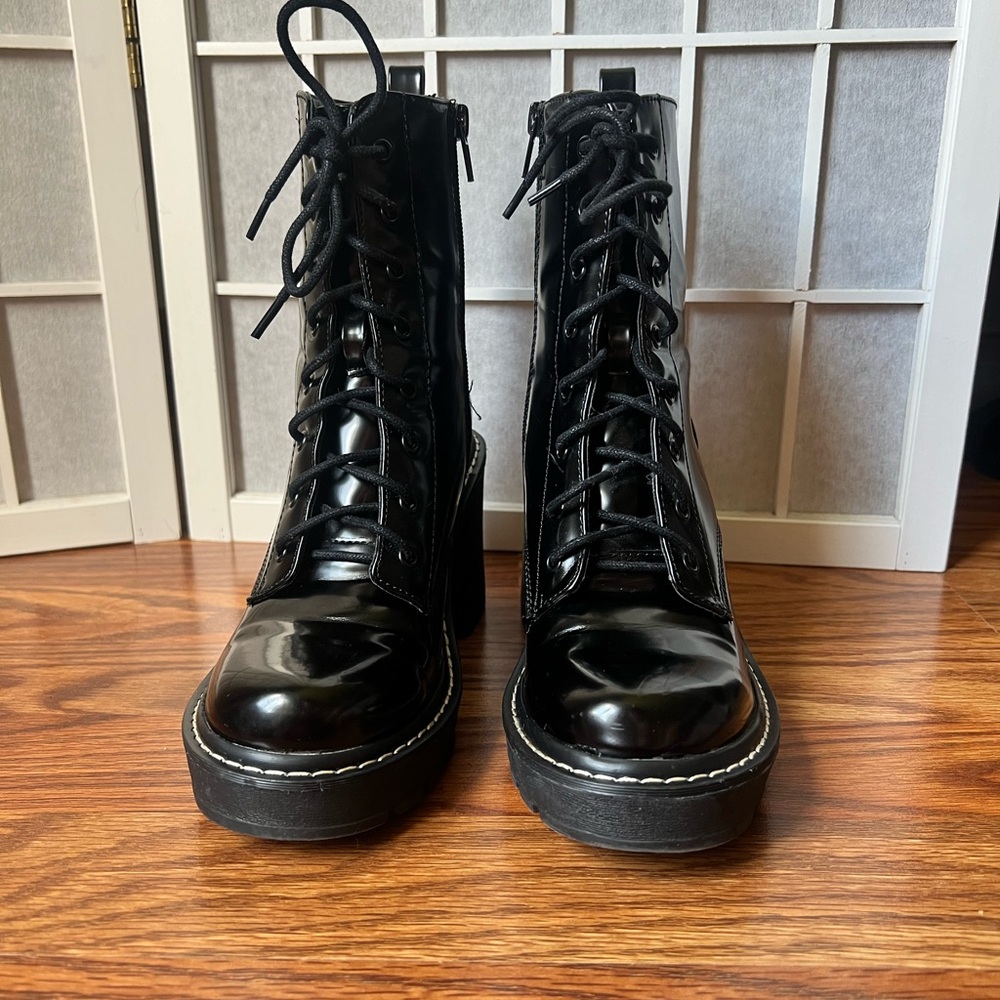 Madden Girl Lion Black Zipper Lace Up 3” Heeled Combat Boots Womens Size US 7.5